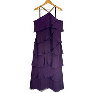 NWOT Alexander by Daymor Purple Silk Chiffon Beaded Halter Gown 16P Formal Dress